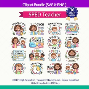 May include: A colourful clipart bundle featuring the text "SPED Teacher" and 16 unique designs. The illustrations depict teachers with students, sensory bins, communication cards, and visual aids. The bundle includes SVG and PNG files.