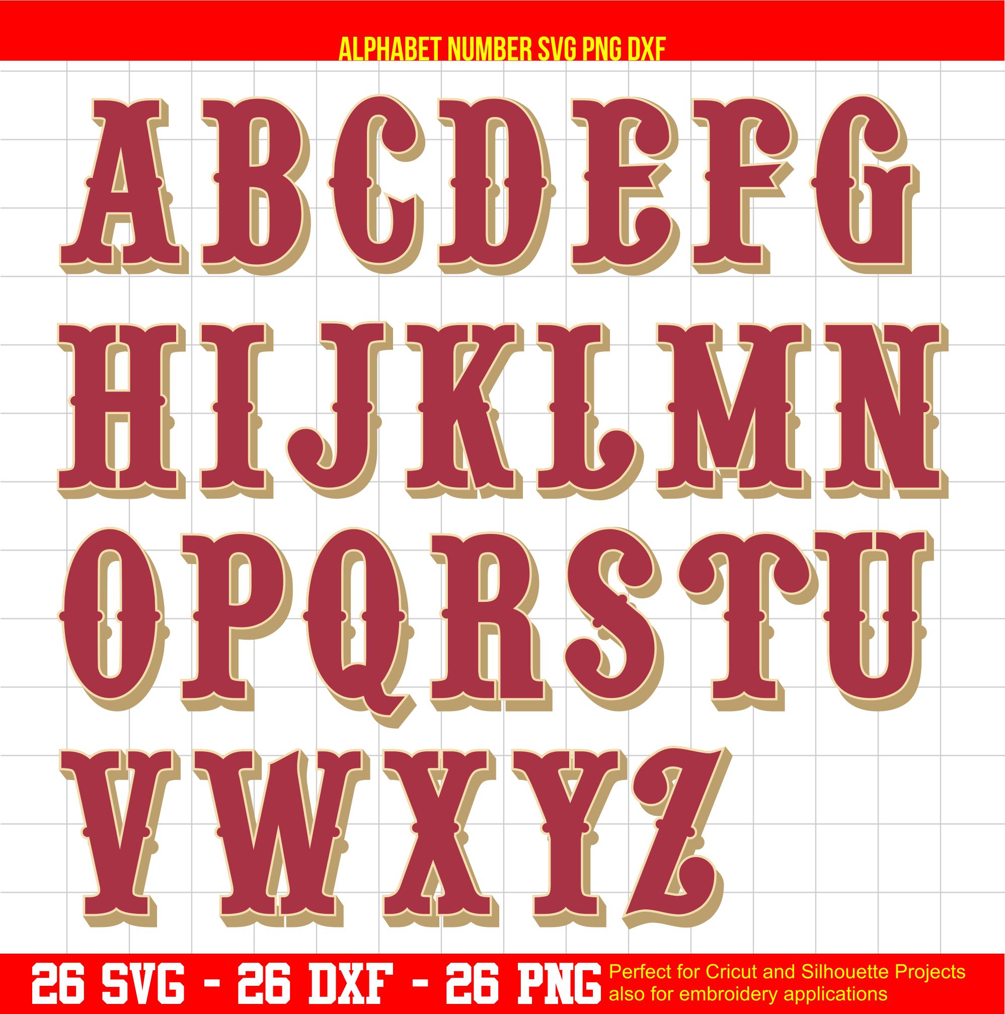 Niners Letters Alfabeto SVG con fuente de la camiseta de fútbol americano de los 49ers ...