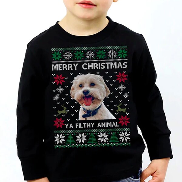 Custom Photo Ugly Christmas Ya Filthy Animal Dog Cat Sweatshirt, Dog Lover Sweater Christmas C1604