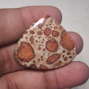 May include: A polished, triangular gemstone with a speckled pattern. The stone has a light tan base with irregular, reddish-brown spots. The gemstone is held in a hand.