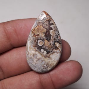 Puede incluir: Una gema en forma de lágrima con un patrón único de remolinos y manchas marrones, beige, blancos y grises. La superficie pulida de la piedra tiene un aspecto veteado, con áreas opacas y translúcidas. La gema se sostiene en una mano.