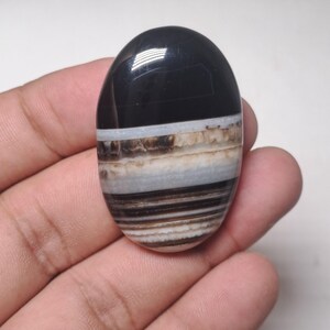May include: An oval-shaped gemstone with a polished surface. The top is solid black, transitioning to layers of white, tan, and brown bands. The stone is held in a hand, showcasing its natural colors and patterns.