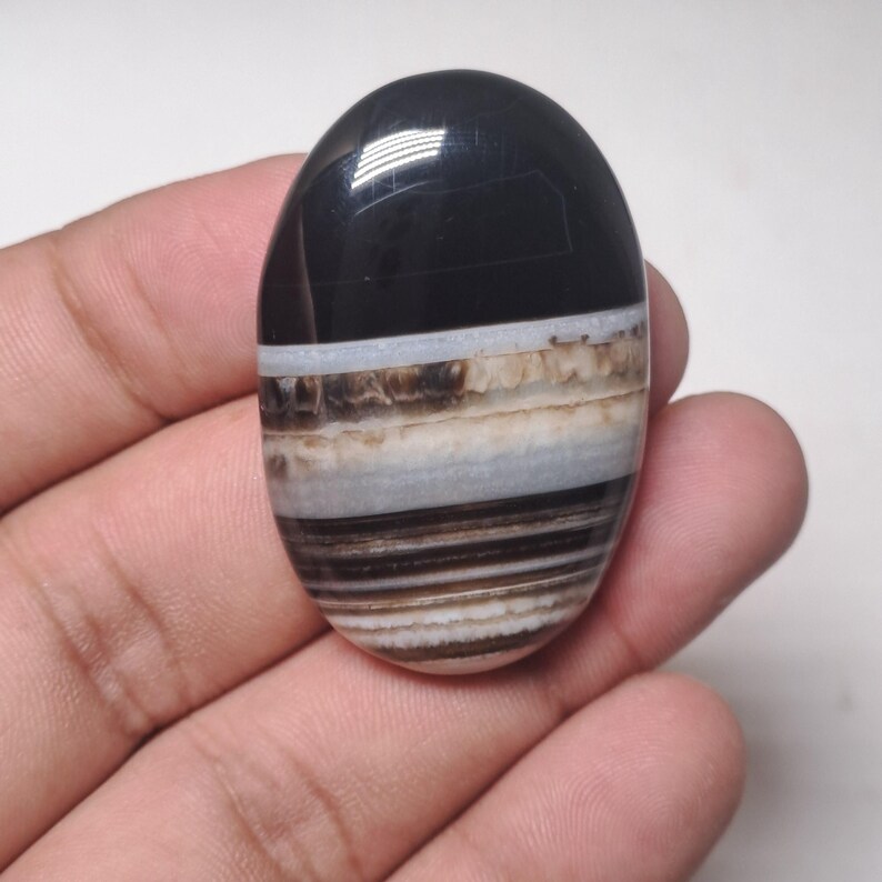 May include: An oval-shaped gemstone with a polished surface. The top is solid black, transitioning to layers of white, tan, and brown bands. The stone is held in a hand, showcasing its natural colors and patterns.