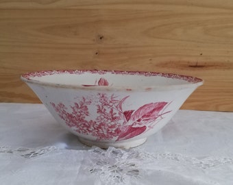 Saladier Creil et Montereau terre de fer rose rouge /Ironstone salad bowl pink red transferware