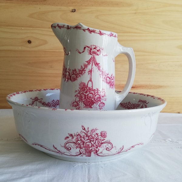 Ironstone Pitcher and Washbowl corbeille Onnaing / set broc et bassine   Onnaing Corbeille guirlande de rose