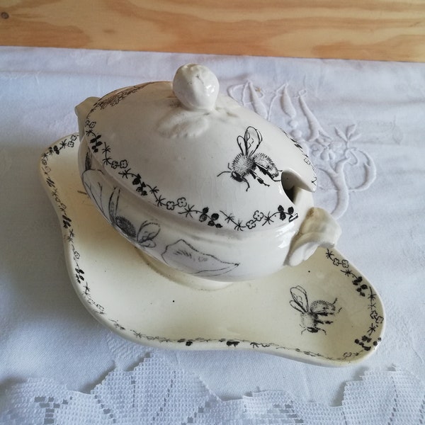 Ironstone moutardier bee transferware 19th / Moutardier En terre de fer 19eme siècle