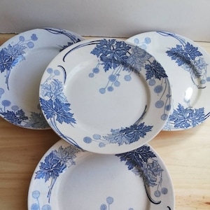 Peut inclure: Trois assiettes en céramique blanche avec un motif floral bleu. Les assiettes présentent un motif répétitif de feuilles bleues et de fleurs blanches.