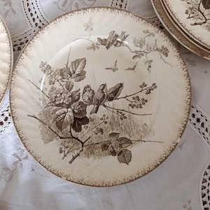 May include: A round ceramic plate with a cream-colored base and a brown transferware print. The design features three birds perched on a branch surrounded by leaves, berries, and two small flying insects. The rim has a textured, scalloped edge.
