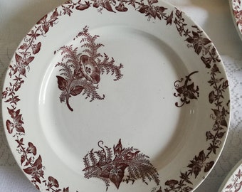 May include: A white ceramic plate with a brown floral design. The plate has a raised rim and a scalloped edge. The floral design features leaves, vines, and flowers.