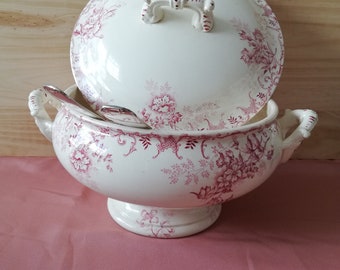 Ironstone tureen Floreal Choisy le Roi pink red transferware