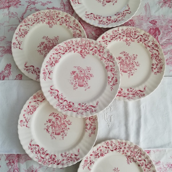 Assiette Ruban Longchamp terre de fer rouge rose  / Ironstone plate Ruban Longchamp pink transferware