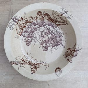 Puede incluir: Un plato de cerámica redondo de color crema con un diseño de uvas y pájaros marrones. El borde está ligeramente elevado. Los pájaros están posados en una rama con uvas y hojas. El plato tiene una estética vintage.