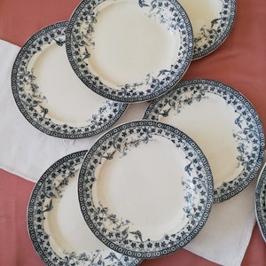 Puede incluir: Juego de seis platos de cena de cerámica blanca con un patrón floral azul y blanco. Los platos tienen un borde festoneado y un borde elevado.