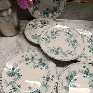May include: Set of six white ceramic dinner plates with a green floral pattern. The plates have a scalloped edge and a delicate floral design.