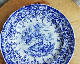 Toile de Jouy pattern Luneville porcelain Blue and white large round serving plate. Large vintage French serving plate