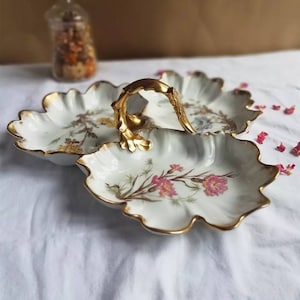 Antique vintage Limoges France 1890 compartment serving dish /large three part divided dish with gold centerpiece with scrolled gold handle