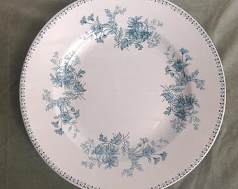 May include: White ceramic plate with a floral design in shades of blue. The plate features a detailed border and a central floral pattern. The design is symmetrical, with the flowers arranged around the plate's edge. The plate is set against a muted green background.