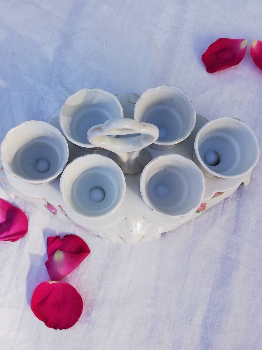 Présentoir Porte-coquetiers Ancien En Porcelaine – Ensemble Complet Avec Fleurettes
