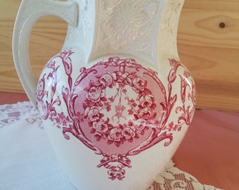 Ironstone pitcher Brown Westhead Moore Orléans pink rose transferware / Broc Anglais en terre de fer rose