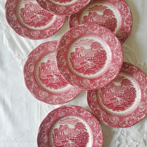 Peut inclure: Ensemble de six assiettes en céramique rose et blanche avec un motif floral et une scène de château et d'arbres.
