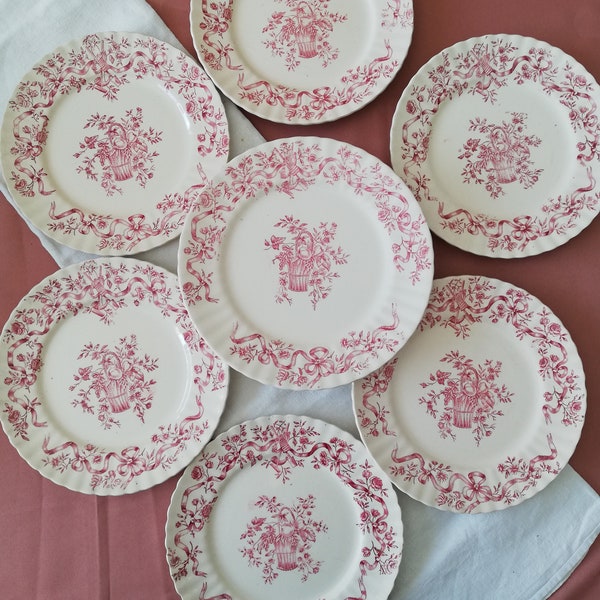 Service à dessert en terre de fer Longchamp Ruban / ironstone plates and cake stand Longchamp pinh red transferware