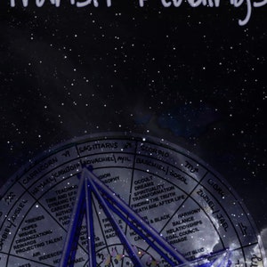 May include: A blue and white astrological chart with the names of the zodiac signs and angels. The chart is set against a dark blue background with white stars.