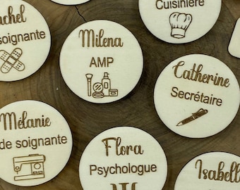 Badge personnalisé, prénom, fonction, badge en bois, badge métier, badge nominatif, bois, personnalisable