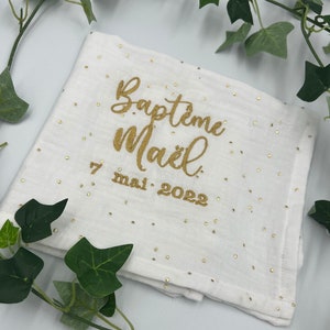 Baptism cloth, white garment, religious baptism, civil baptism, embroidered first name, embroidered date, double cotton gauze