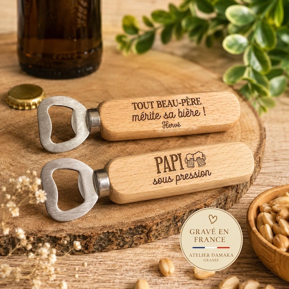 Décapsuleur en bois personnalisé – Ouvre-bouteille gravé recto ou recto-verso
