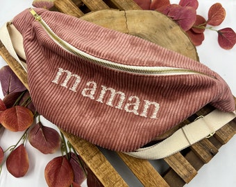 Sac banane Maman, brodé fleuri, velours côtelé rose