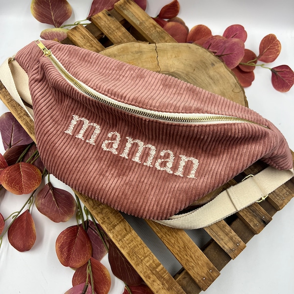 Sac banane Maman, brodé fleuri, velours côtelé rose