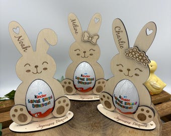 Porte œuf Kinder personnalisable en bois – Lapin de Pâques