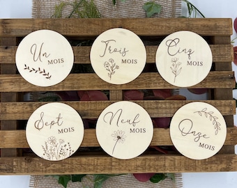Wooden Flowery Milestone Card, Monthly, Photo Accessory, 6 12-Month R/V Cards, Birth Gift