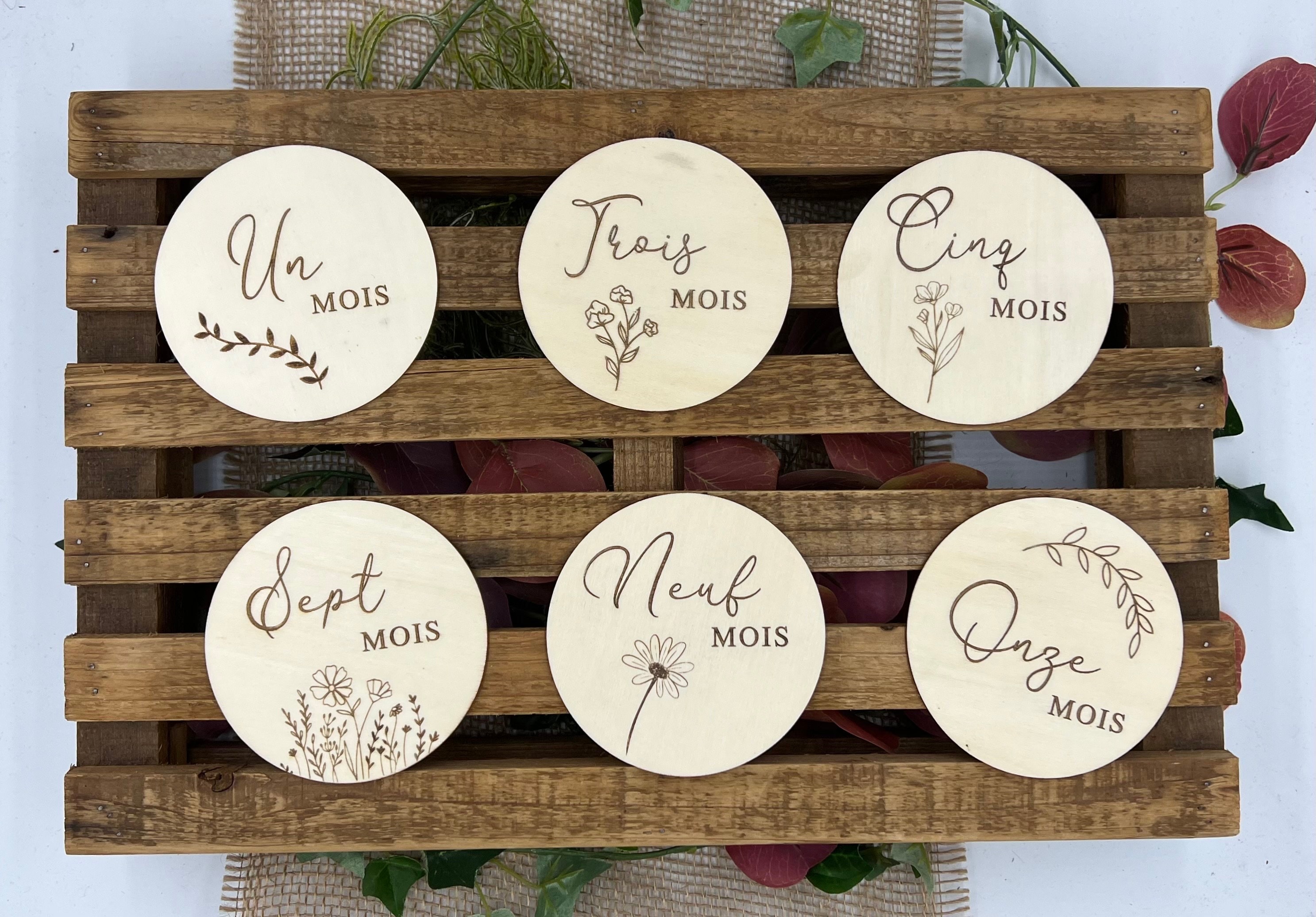 Cartes Mensuelles Bébé En Bois - Set 0-12 Mois Avec Chiffres - Style Floral - Accessoire Photo Et Décoration - 12