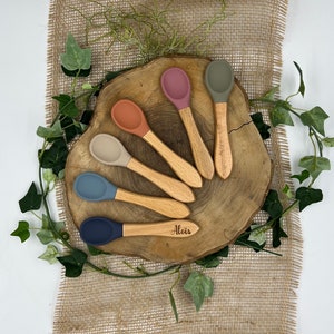 Può includere: Sei cucchiai di legno con punte in silicone di vari colori, tra cui blu, verde, rosa, arancione e beige. I cucchiai sono disposti in cerchio su una superficie di legno. Il cucchiaio al centro ha il nome "Alois" inciso sul manico.