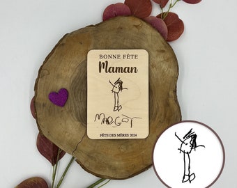 Card with reproduced children's drawing, drawing engraving, gift, engraved keepsake