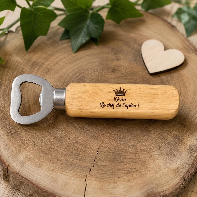 May include: A bottle opener with a light-toned wooden handle featuring a dark engraved crown icon and the text K&eacute;vin Le chef de l'ap&eacute;ro !. The metal opener head is attached to the cylindrical wooden grip with a silver-colored metal ferrule.