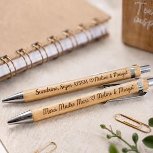Stylo personnalisé en bambou – Cadeau maître maîtresse ATSEM fin d’année scolaire – Stylo gravé prénom – Encre noire – Merci maîtresse