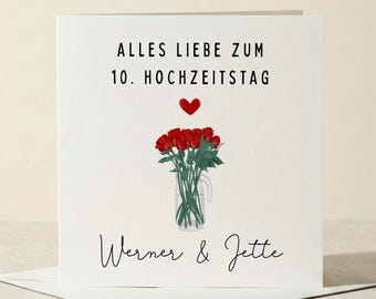 Kaart voor het 10-jarig huwelijksjubileum, Rozenkaart ter felicitatie voor het huwelijksjubileum, Gepersonaliseerde huwelijksjubileumkaart / Gevouwen kaart 15 x 15 cm