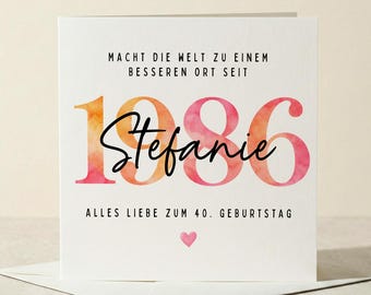 Karte 40 Geburtstag 1986 Jahreszahl Karte personalisiert Geburtstagskarte Frau Geschenk 40 Geburtstag | Karte quadratisch, minimalistisch