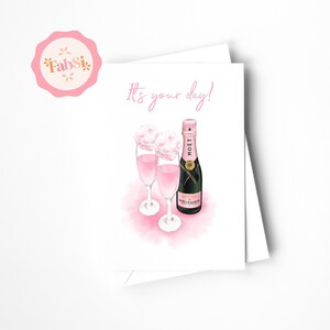 Cartão de feliz aniversário rosa / Champanhe Rosé / Cartão de aniversário / Aquarela / Amizade / Cartão feminino / Hora da festa / Cartão champanhe
