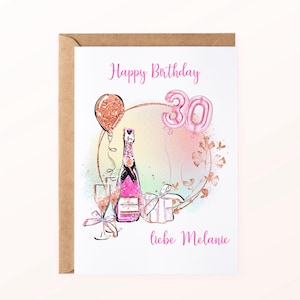 Personalized birthday card / balloons card / illustration / Happy Birthday card / 30th birthday / pink, pastel