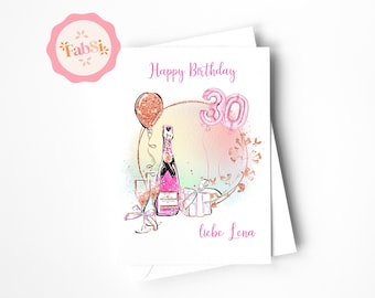 Carte d'anniversaire personnalisée / carte ballons / illustration / carte joyeux anniversaire / 30e anniversaire / rose, pastel