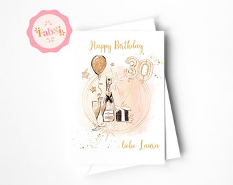 Carte d'anniversaire personnalisée / carte ballons / illustration / carte joyeux anniversaire / 30e anniversaire / or