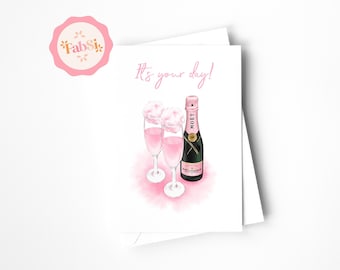 Carte Joyeux Anniversaire Rose / Champagne Rosé / Carte Anniversaire / Aquarelle / Amitié / Carte de Voeux Girly / Party Time / Carte Champagne