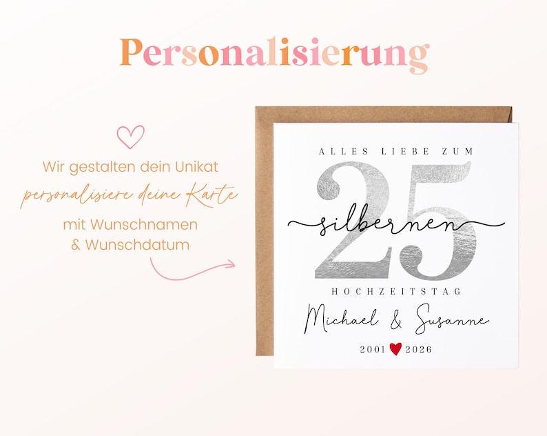 25-års bröllopsdagskort, gratulationskort till silverbröllopsdag, personligt kort för 25-års bröllopsdag, present till silverbröllopsdag, 25 år gift bild 2