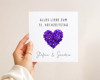 13. Hochzeitstag Karte, Veilchenhochzeit Glückwunschkarte, personalisierte Karte zum Hochzeitstag / Klappkarte 15 x 15 cm
