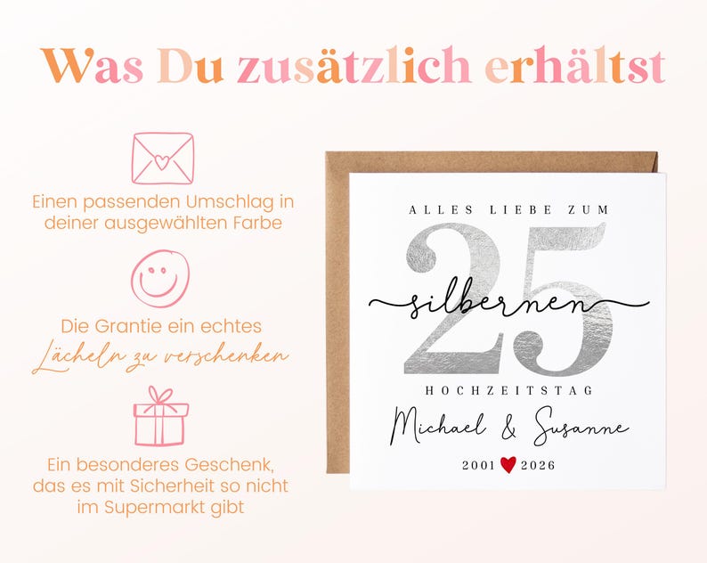 25-års bröllopsdagskort, gratulationskort till silverbröllopsdag, personligt kort för 25-års bröllopsdag, present till silverbröllopsdag, 25 år gift bild 6