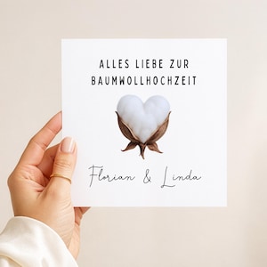 2. Hochzeitstag Karte, Baumwollhochzeit Glückwunschkarte, personalisierte Karte zum Hochzeitstag / Klappkarte 15 x 15 cm