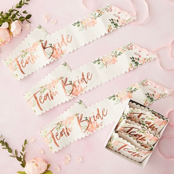 Schärpe "Team Bride" / Blumen, pastell , rosegold / Brautparty